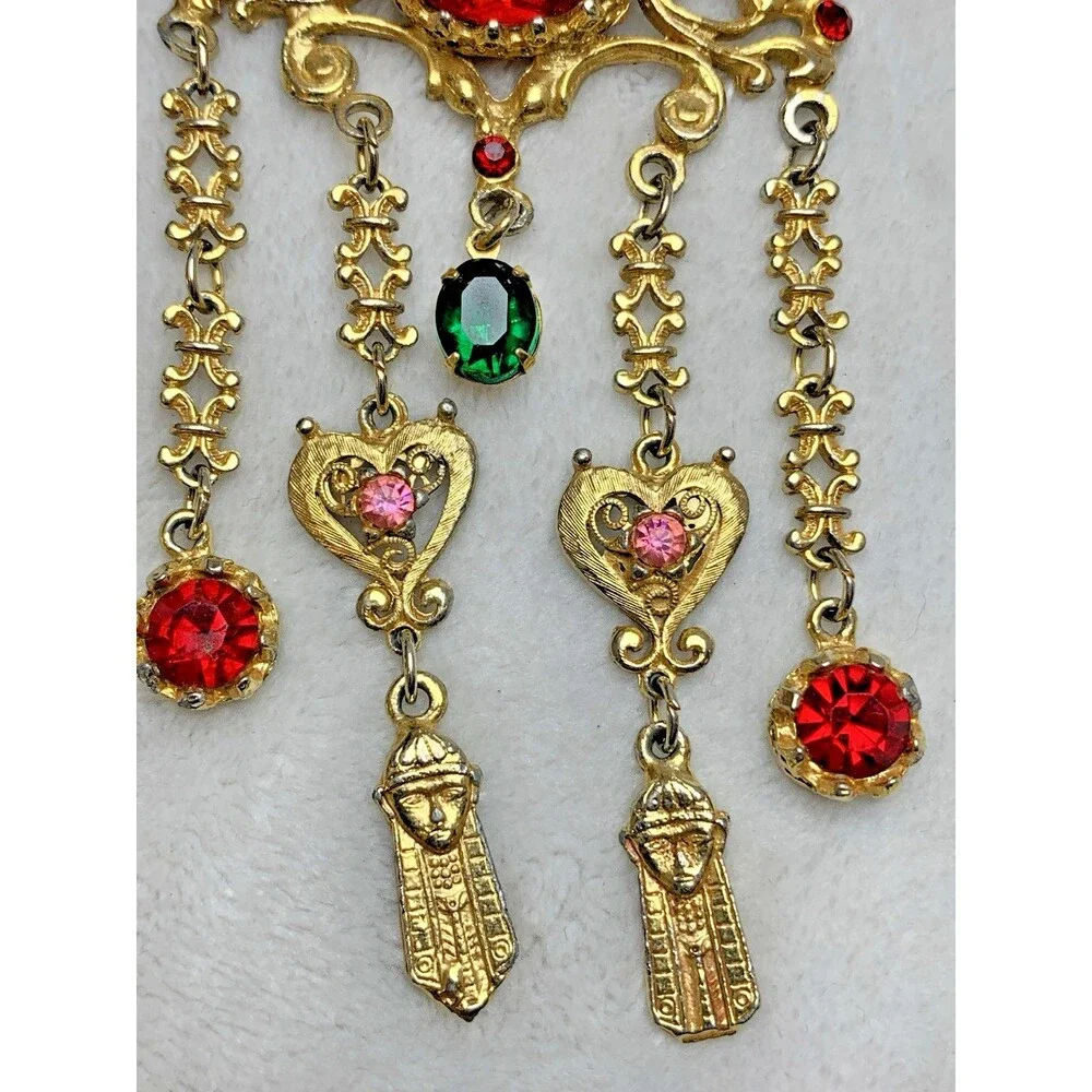 Vintage Lupé Signed Egyptian Revival Necklace Gold Tone Rhinestone Fringe